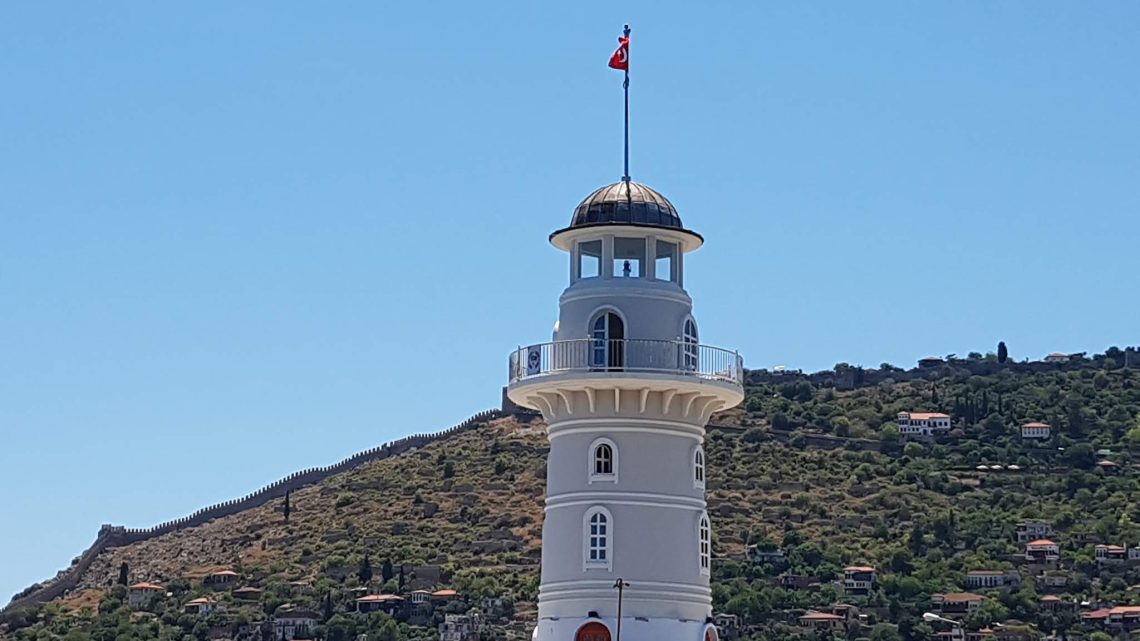 Light House, Alanya Castle, Lover's Cave and Cleopatra Beach at Mediterranean Sea in Alanya, Turkey
