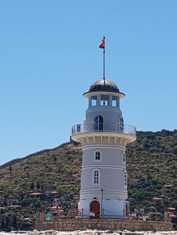 Light House, Alanya Castle, Lover's Cave and Cleopatra Beach at Mediterranean Sea in Alanya, Turkey